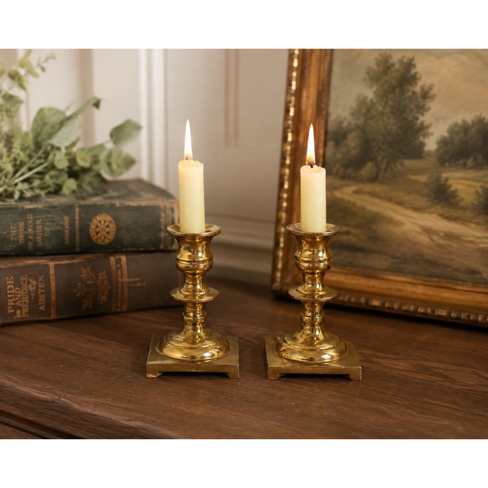 Vtg Ethan Allen Solid Brass Candlestick Holders Pair 4.5" Square Base Made USA‎